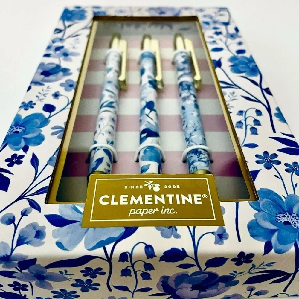 NWT Gorgeous Clementine set of 3 Floral Blue & Gold Pens with Black Ink Gift Set